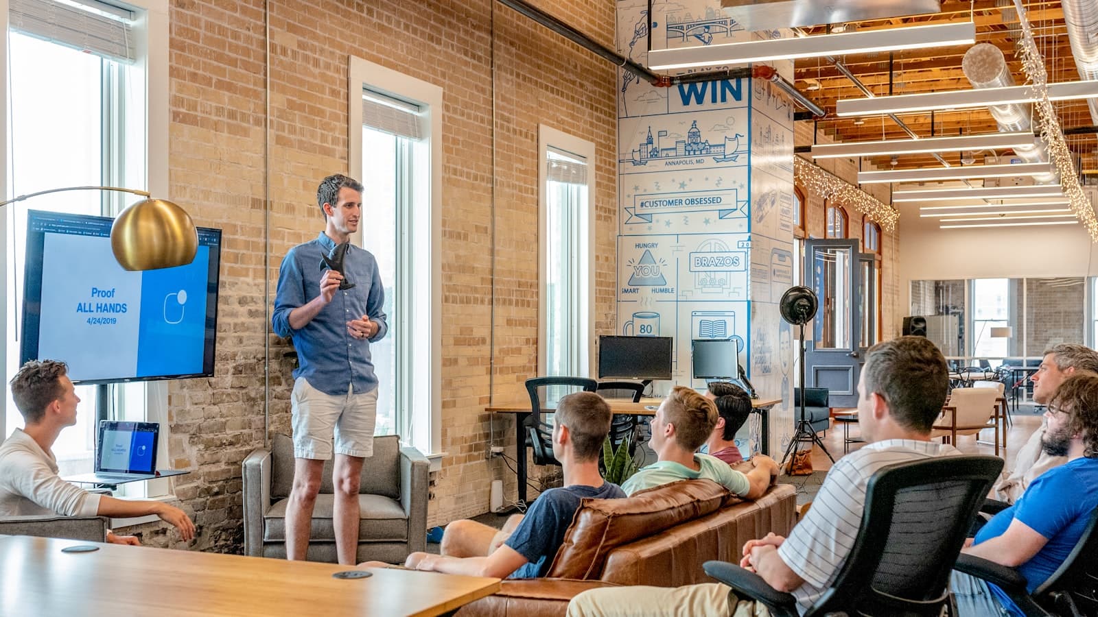 Team discussing strategy in a modern office