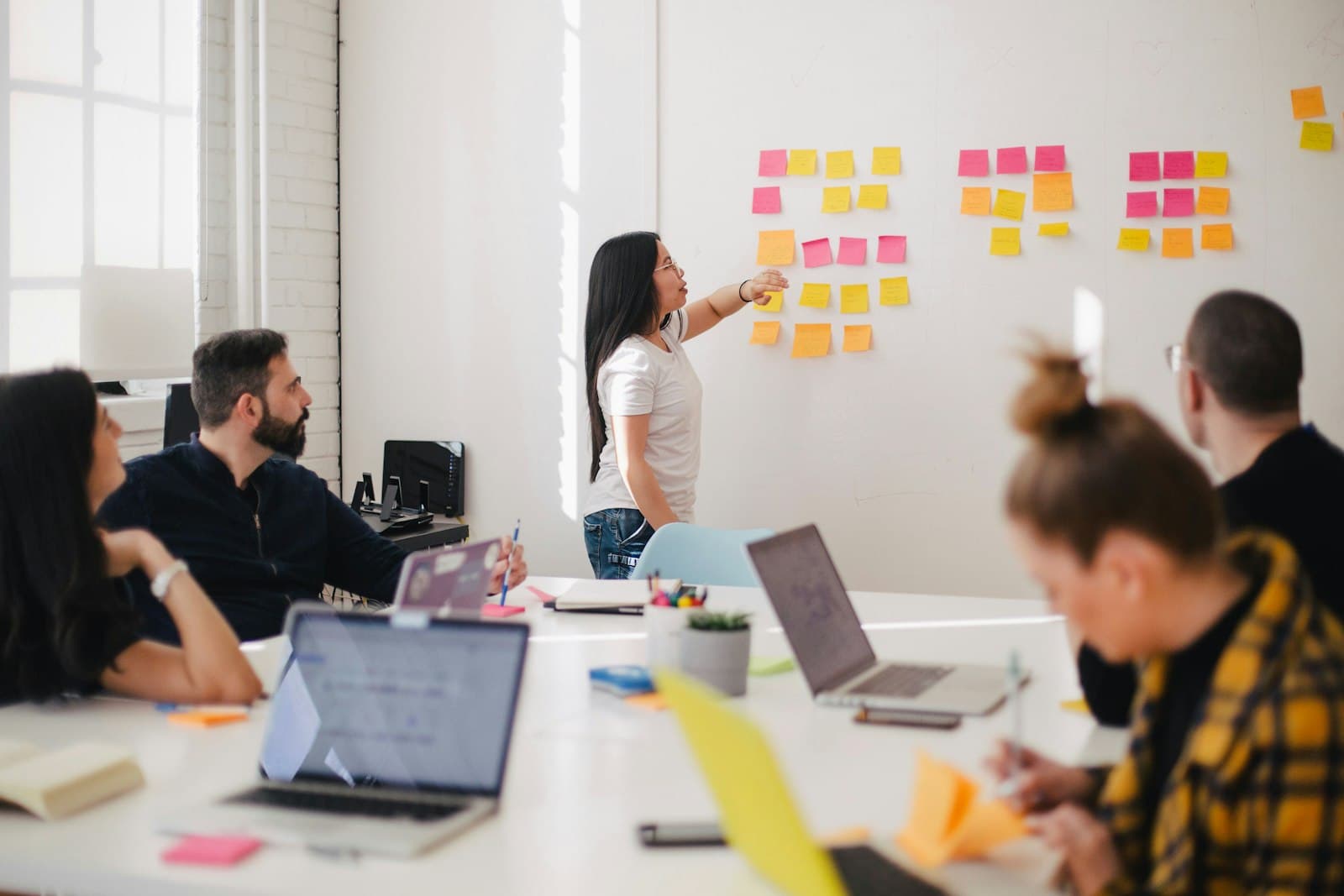 Team planning a social ad campaign with sticky notes on a whiteboard